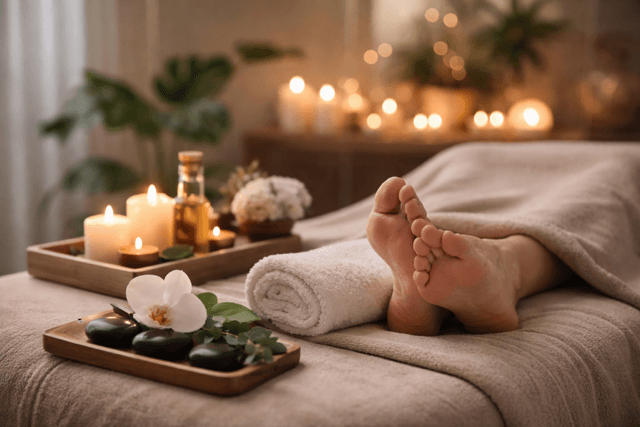 Relaxing foot reflexology setting with candles, warm stones, and soft towels